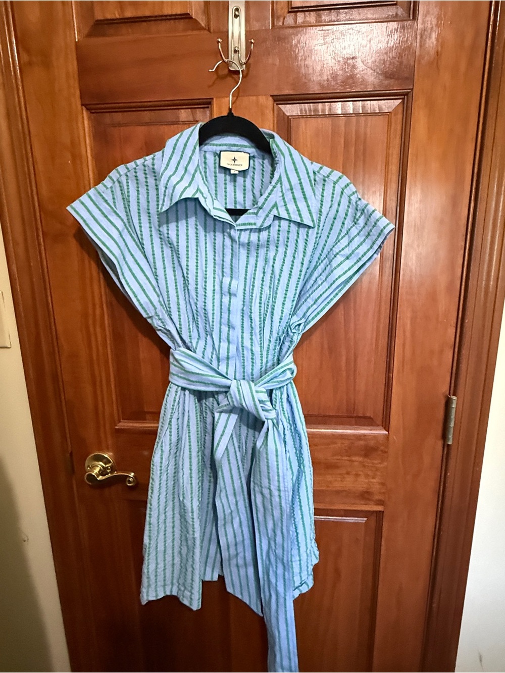 Tuckernuck Blue & Green Striped Midi Shirt Dress with Tie Waist